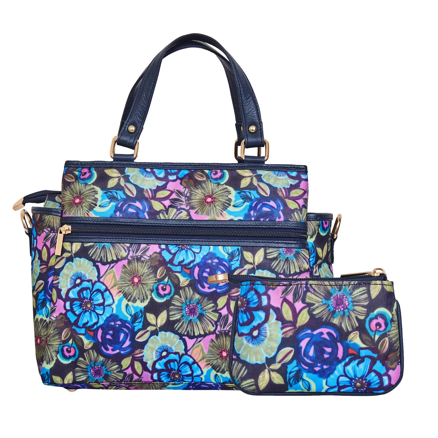 Leather Satchel Bag & Coin Pouch Combo for Women Botanical Print