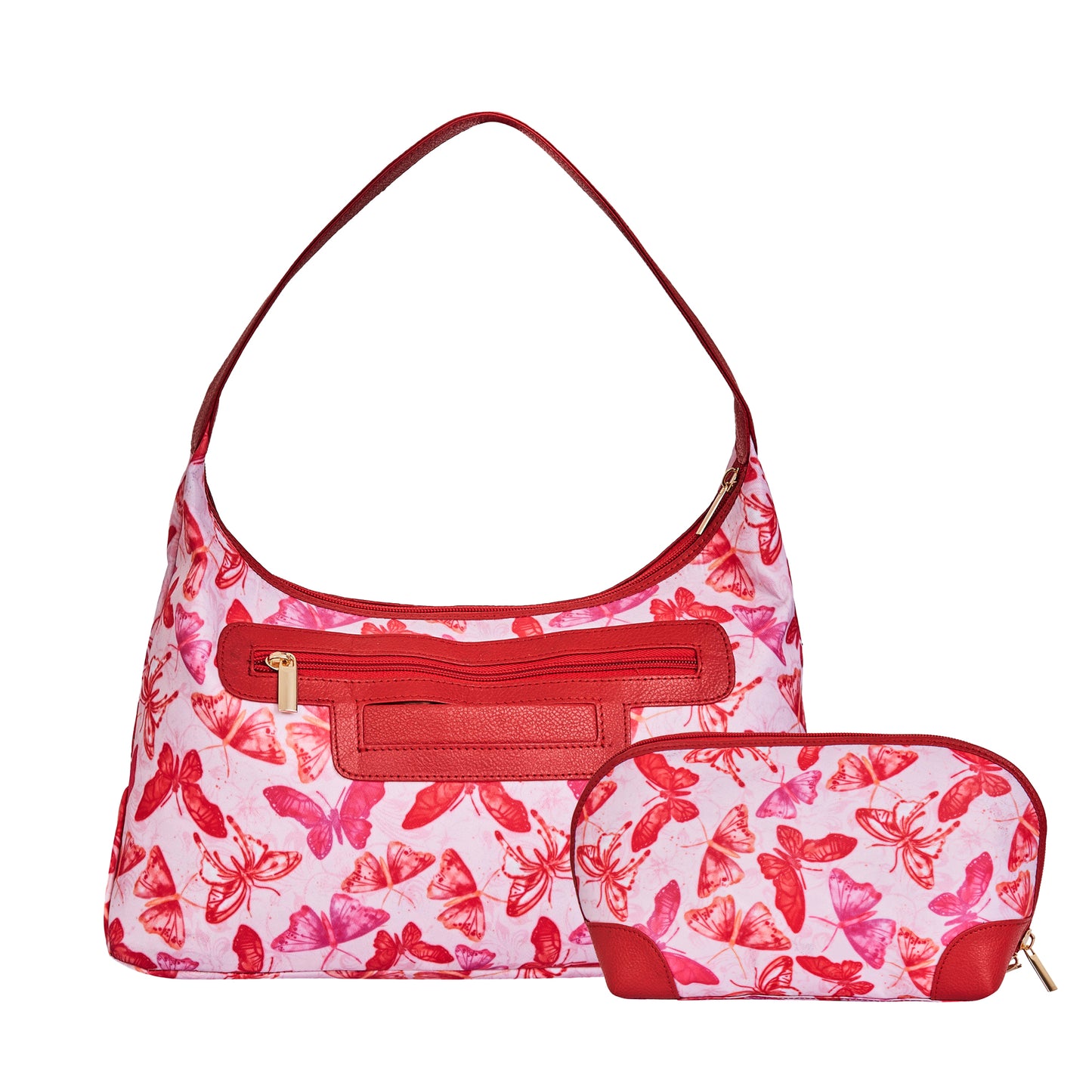 Women's Leather Accents Sling Hobo & Cosmetic Bag Combo with Butterfly Print