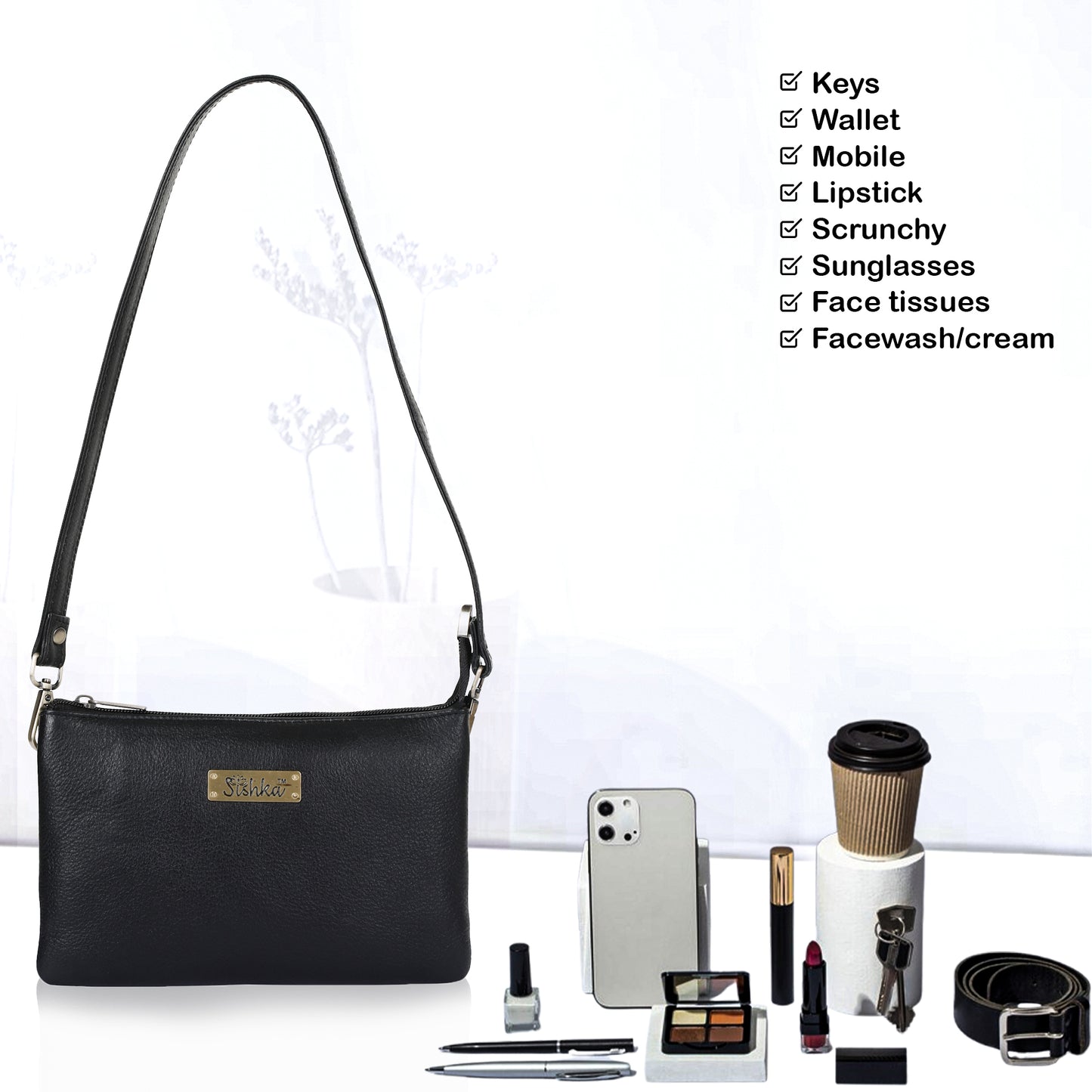 Sishka Black Genuine Leather Crossbody Organizer Bag for Women – Sleek Crossover Purse, Stylish Shoulder Handbag for Daily Use, Casual Trips, Outings & Parties (H 5.25" x W 8.37" x D 0.75").