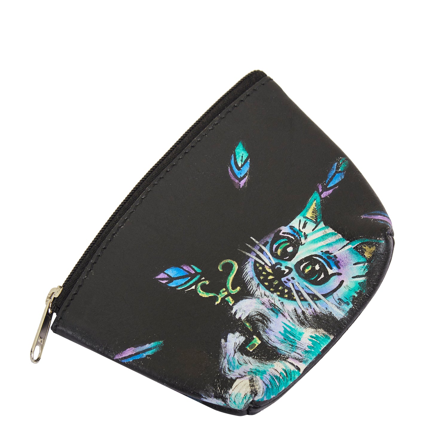 Trendy Hand-Painted Leather Coin Pouch with Cat Design