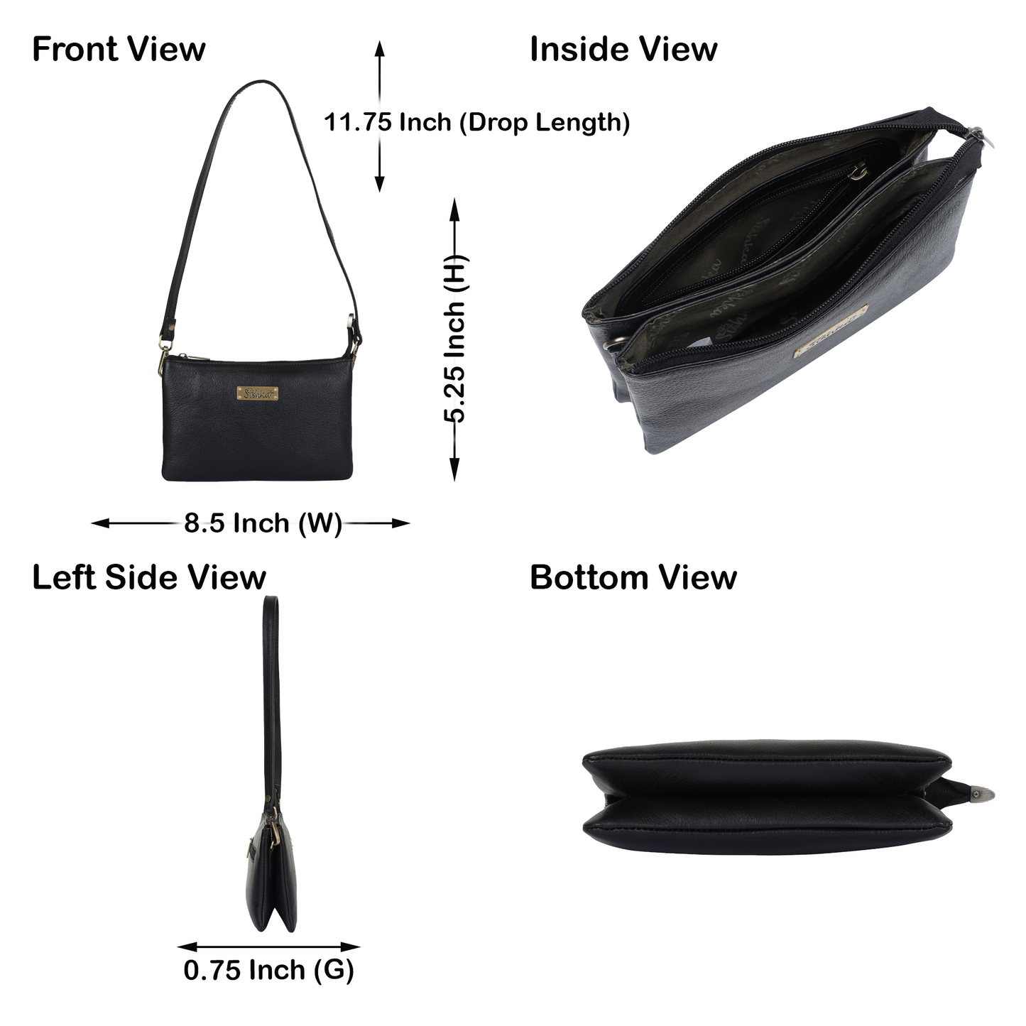 Sishka Black Genuine Leather Crossbody Organizer Bag for Women – Sleek Crossover Purse, Stylish Shoulder Handbag for Daily Use, Casual Trips, Outings & Parties (H 5.25" x W 8.37" x D 0.75").