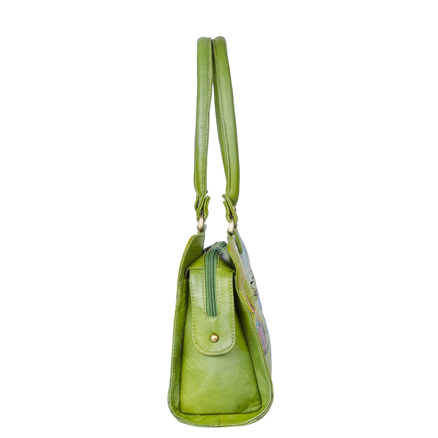 Emerald green floral design hand-painted on a stylish leather bag