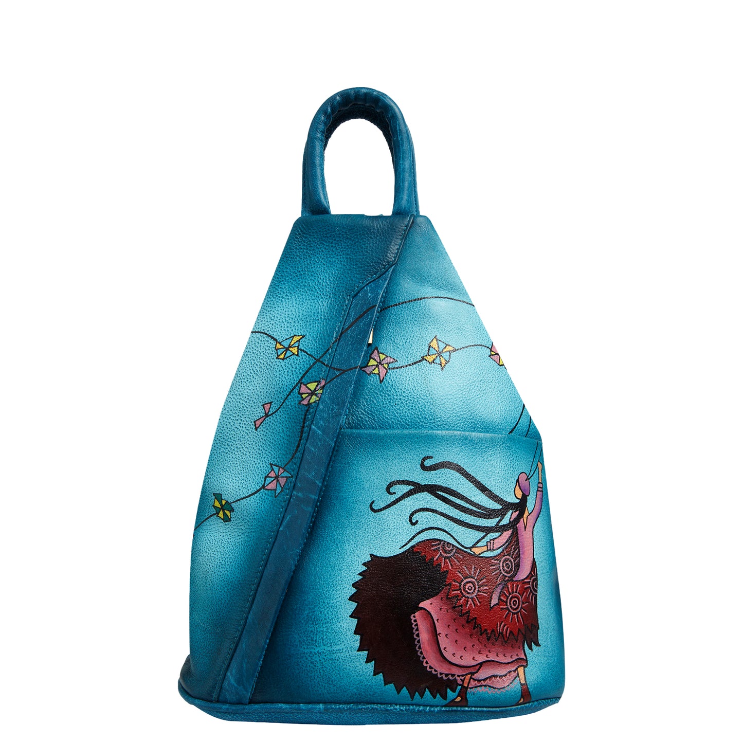 Hand-Painted Turquoise Triangle Backpack with Adjustable Straps