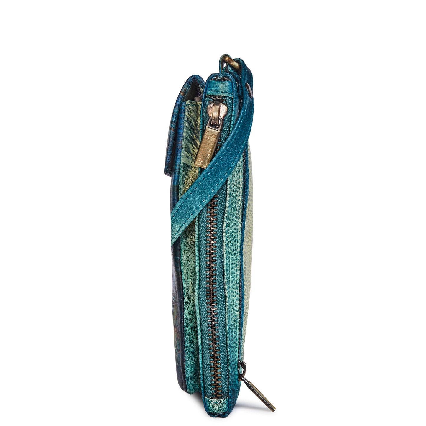 Women's Hand-Painted Floral Phone Wallet with Blue Strap