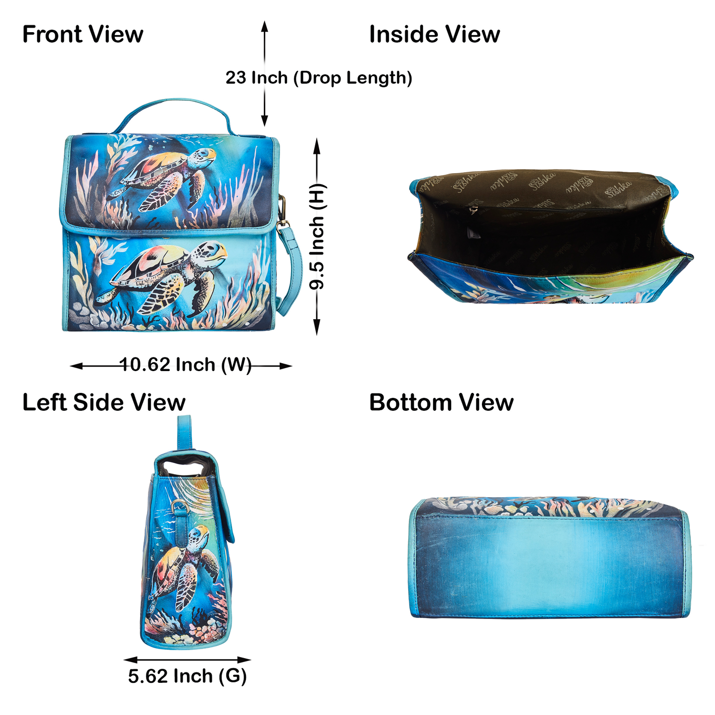 Sishka Hand-Painted Ladies Leather Purse – Elegant Blue Satchel with Turtle Art & Detachable Shoulder Strap.
