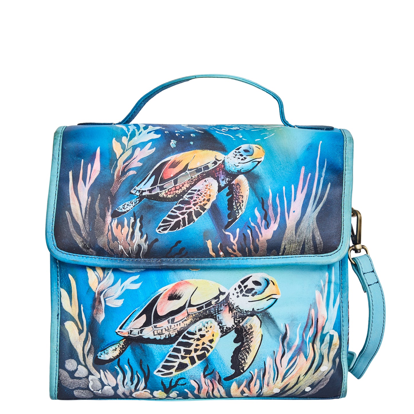 Sishka Hand-Painted Ladies Leather Purse – Elegant Blue Satchel with Turtle Art & Detachable Shoulder Strap.