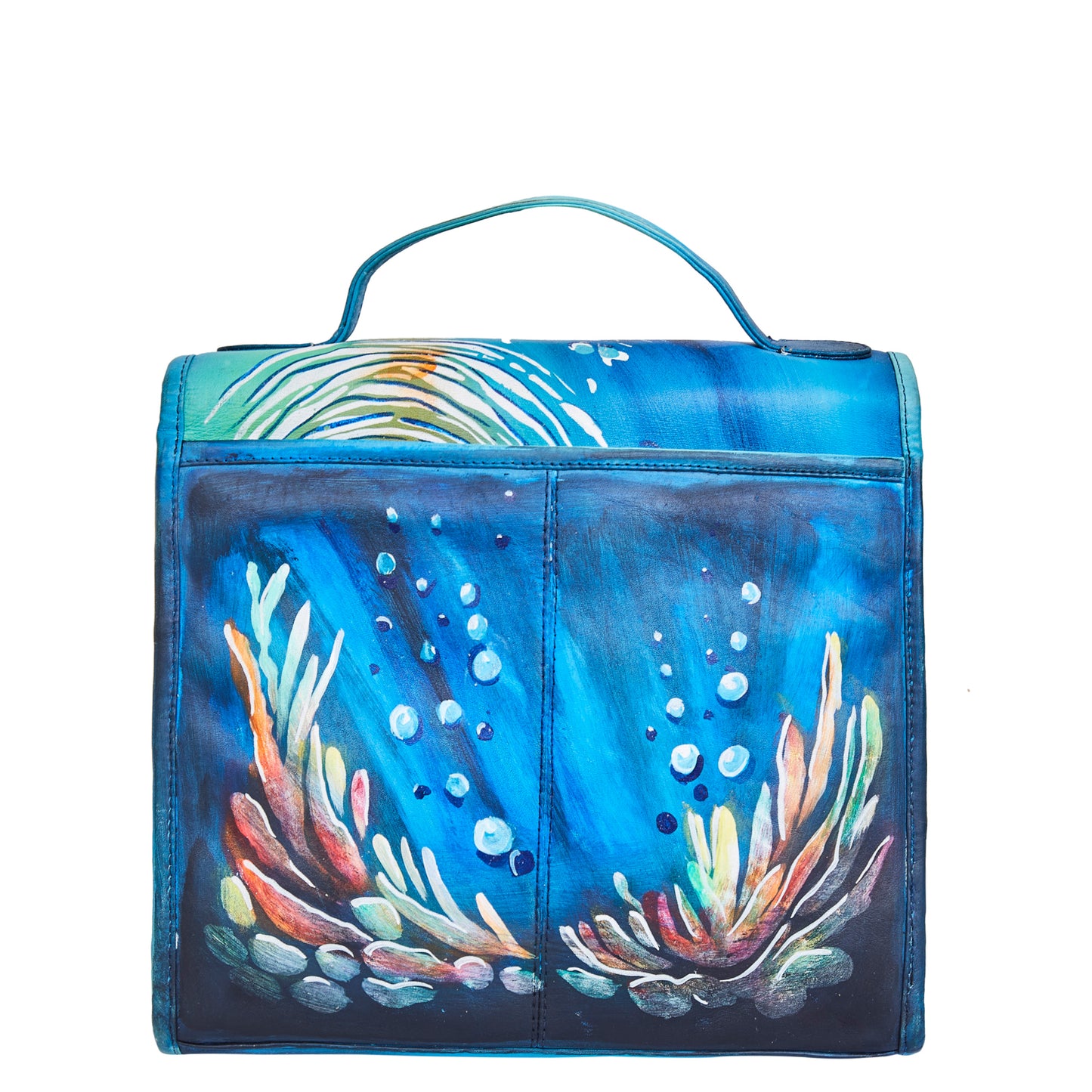 Sishka Hand-Painted Ladies Leather Purse – Elegant Blue Satchel with Turtle Art & Detachable Shoulder Strap.