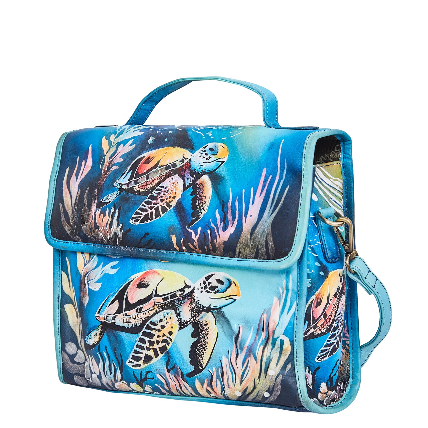 Sishka Hand-Painted Ladies Leather Purse – Elegant Blue Satchel with Turtle Art & Detachable Shoulder Strap.