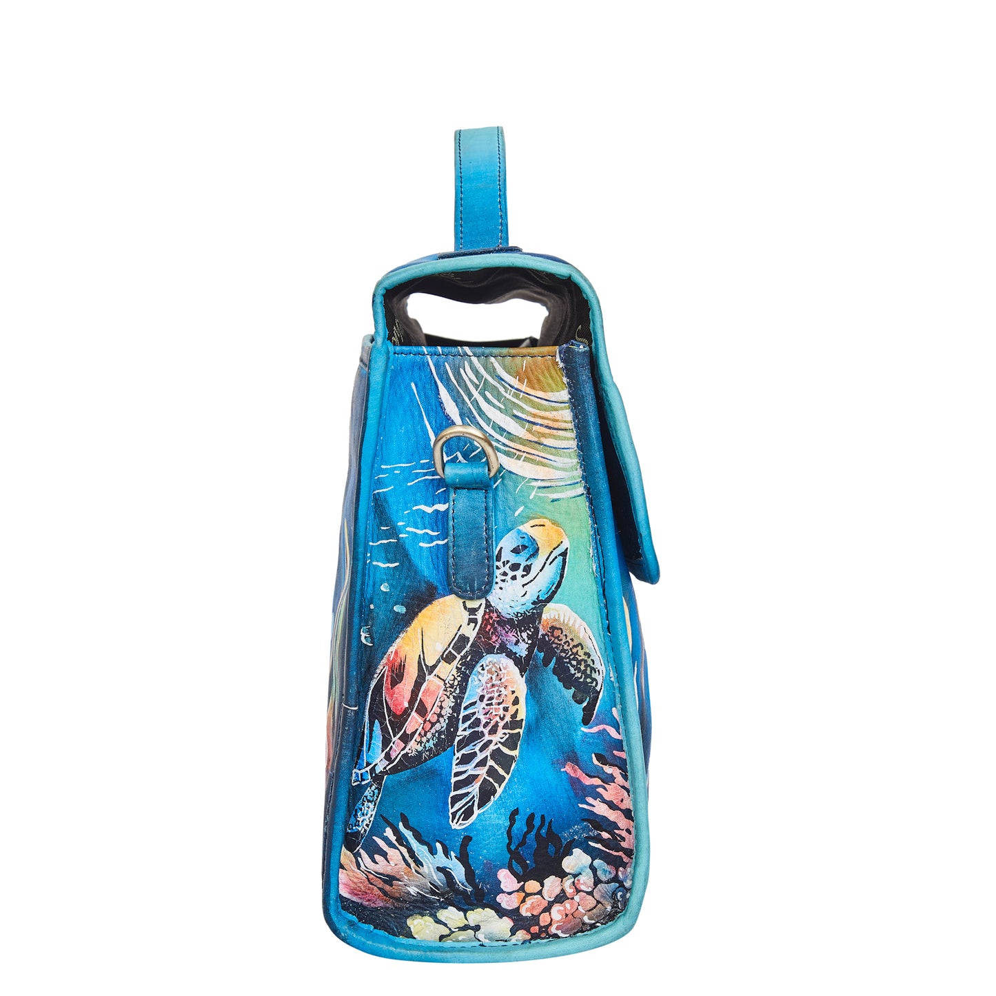 Sishka Hand-Painted Ladies Leather Purse – Elegant Blue Satchel with Turtle Art & Detachable Shoulder Strap.