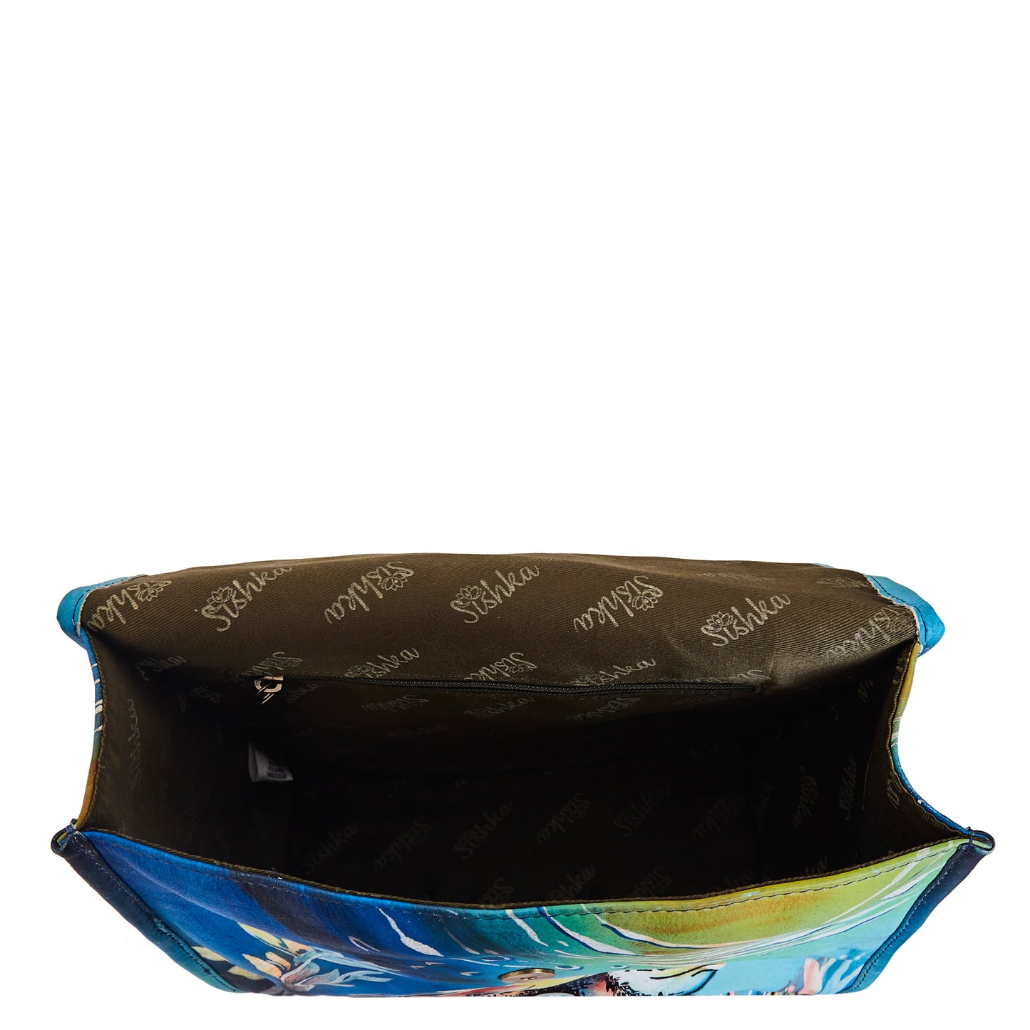 Sishka Hand-Painted Ladies Leather Purse – Elegant Blue Satchel with Turtle Art & Detachable Shoulder Strap.