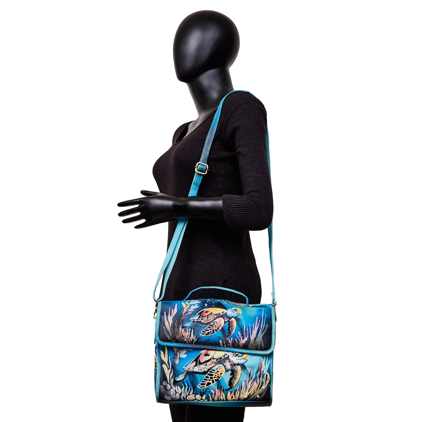 Sishka Hand-Painted Ladies Leather Purse – Elegant Blue Satchel with Turtle Art & Detachable Shoulder Strap.