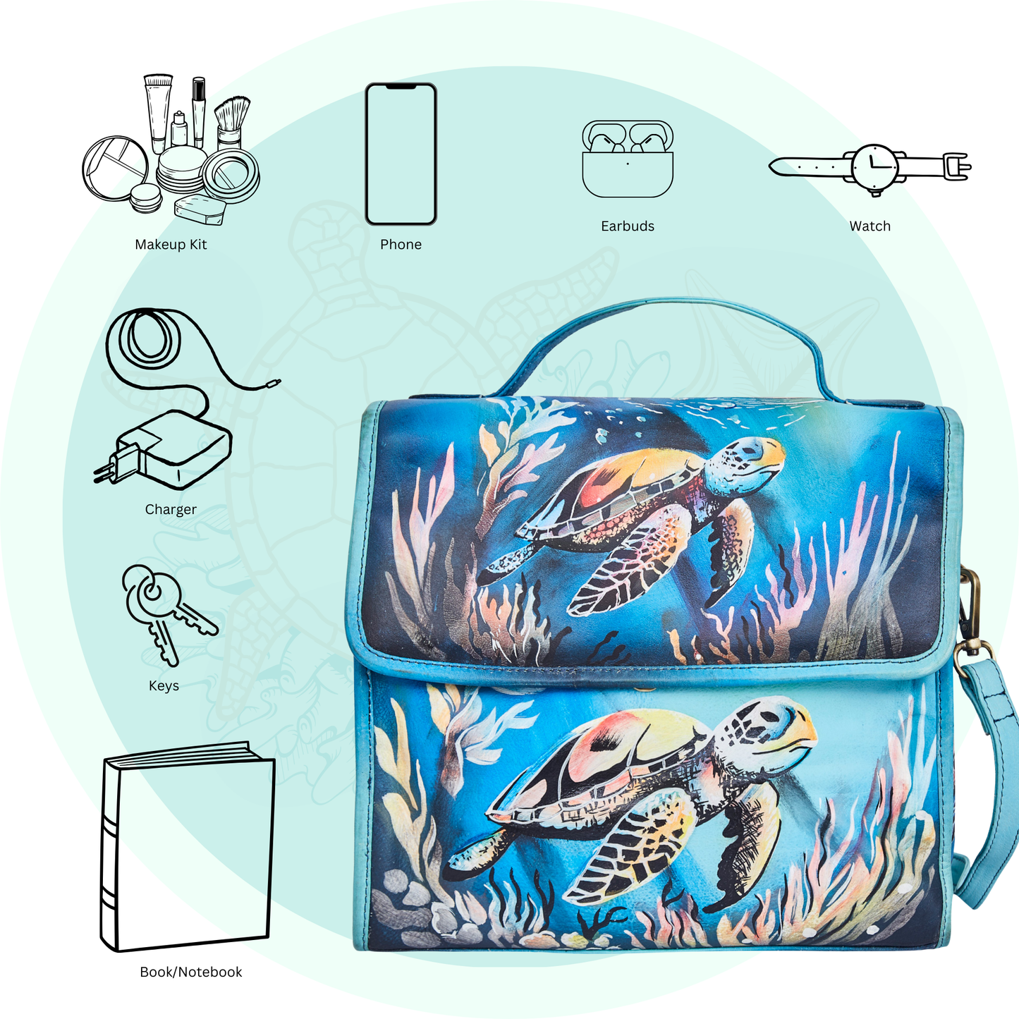 Sishka Hand-Painted Ladies Leather Purse – Elegant Blue Satchel with Turtle Art & Detachable Shoulder Strap.
