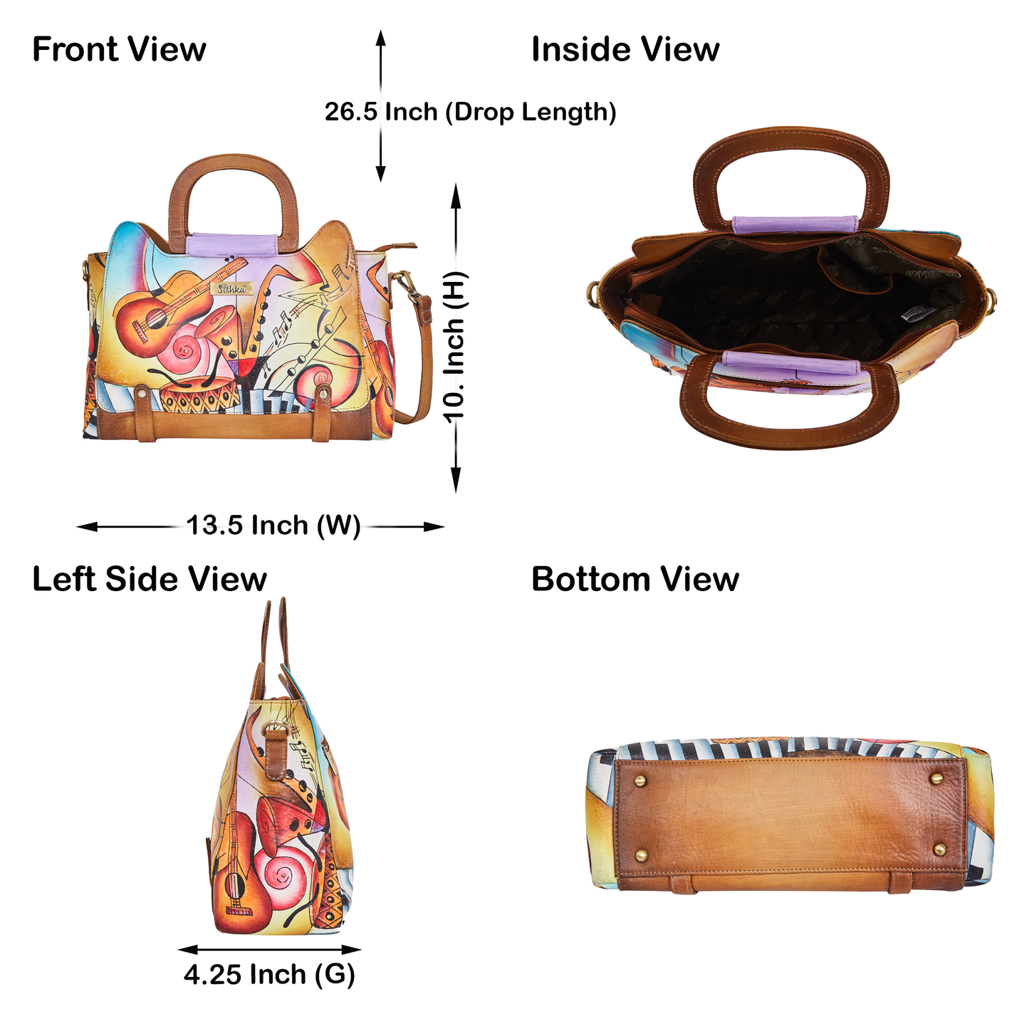 Sishka Hand-Painted Women's Leather Satchel – Brown Shoulder Purse with Music Art & Adjustable Strap for Everyday Use.