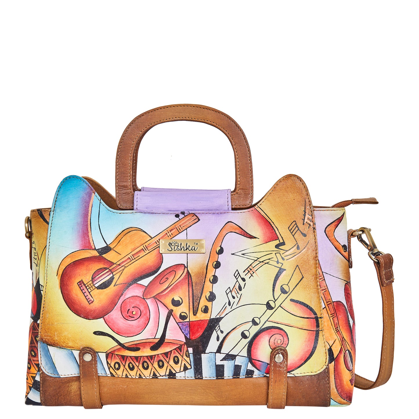 Sishka Hand-Painted Women's Leather Satchel – Brown Shoulder Purse with Music Art & Adjustable Strap for Everyday Use.