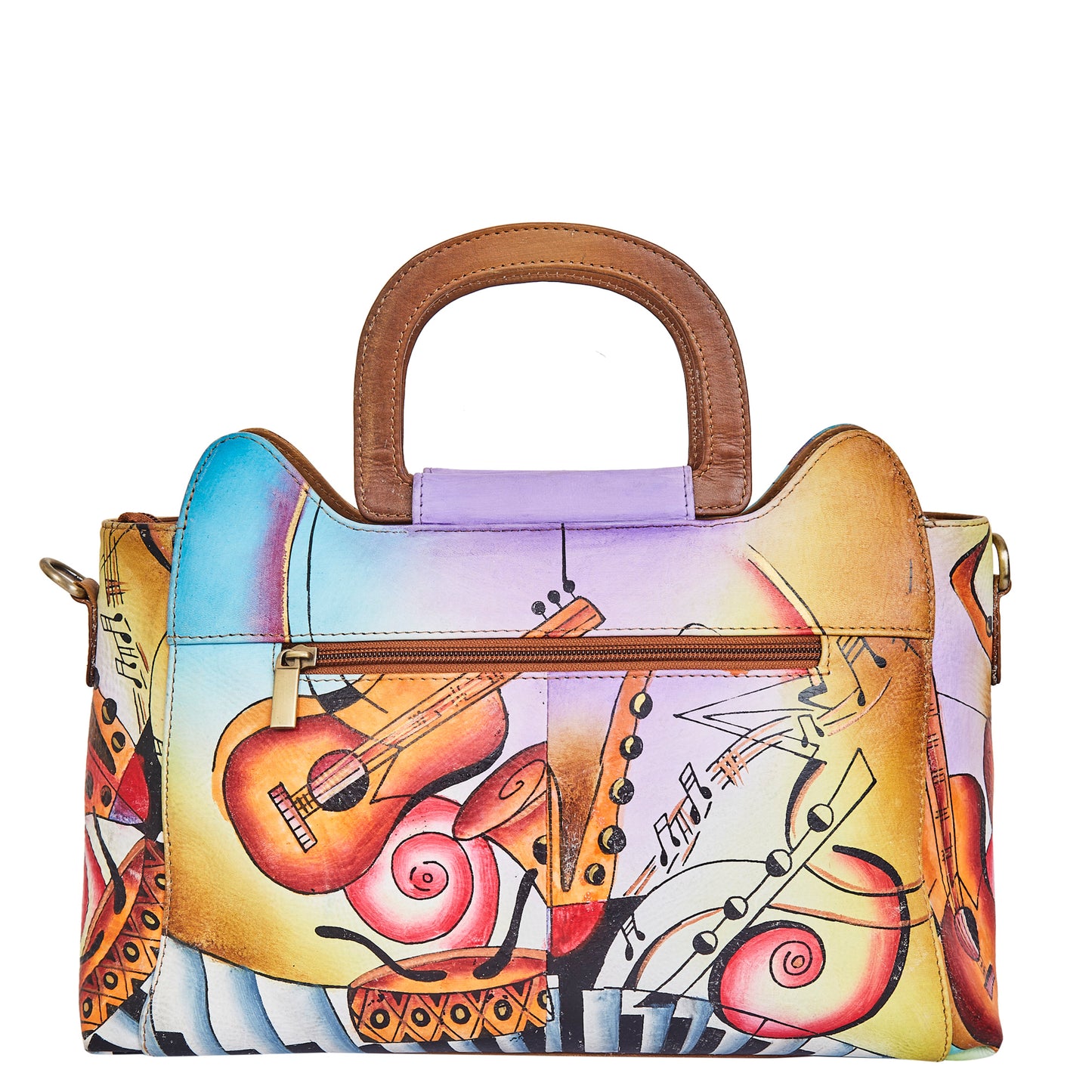 Sishka Hand-Painted Women's Leather Satchel – Brown Shoulder Purse with Music Art & Adjustable Strap for Everyday Use.