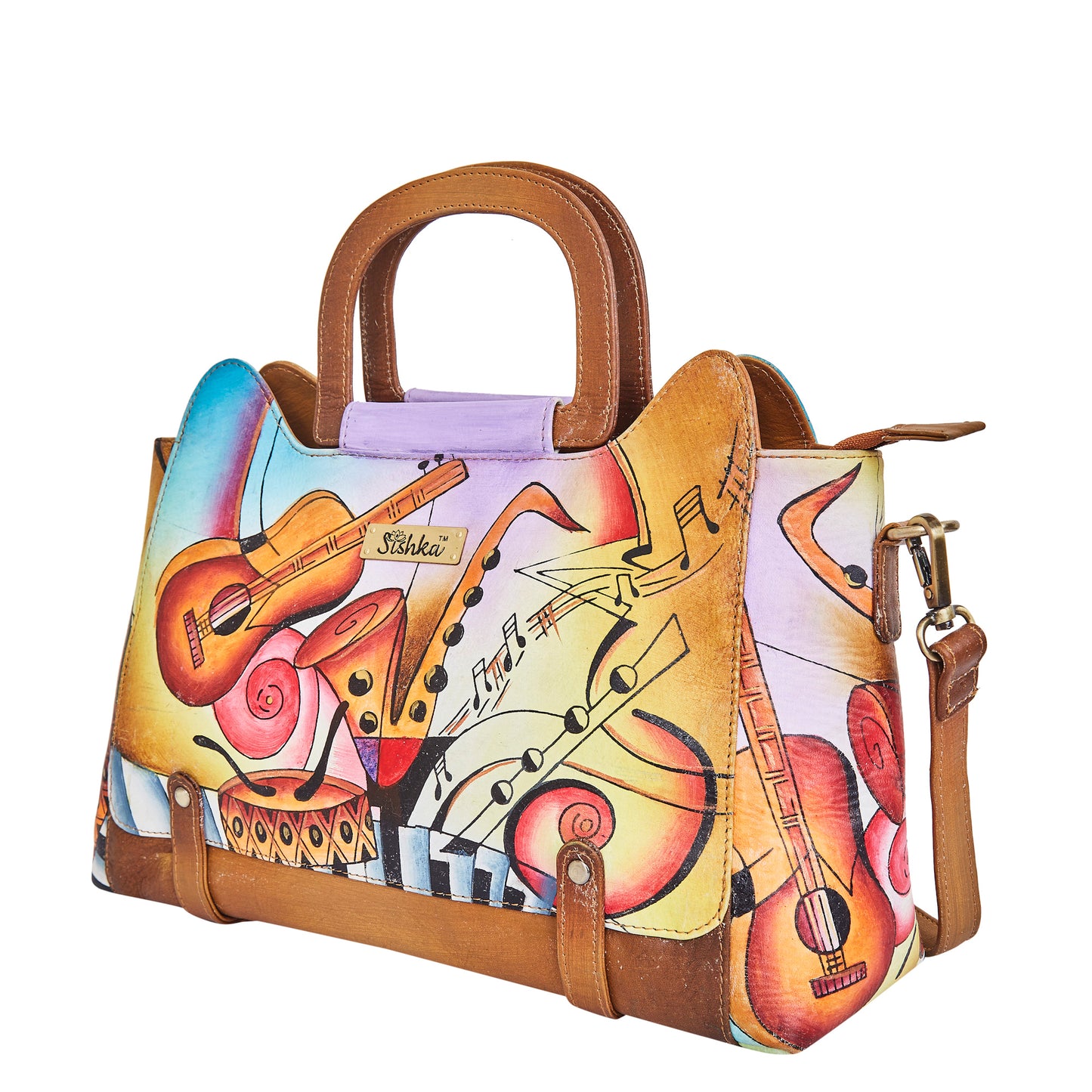 Sishka Hand-Painted Women's Leather Satchel – Brown Shoulder Purse with Music Art & Adjustable Strap for Everyday Use.