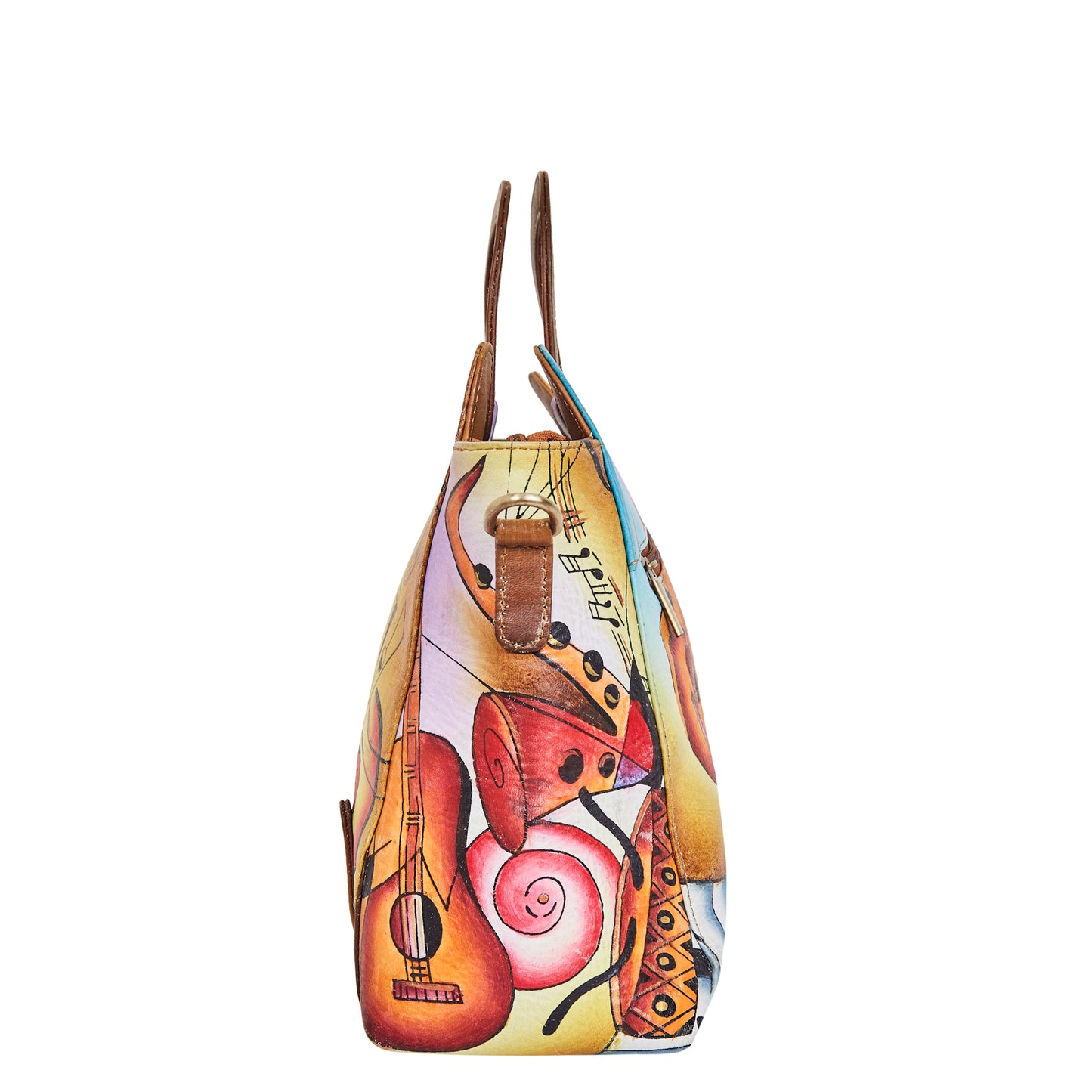Sishka Hand-Painted Women's Leather Satchel – Brown Shoulder Purse with Music Art & Adjustable Strap for Everyday Use.