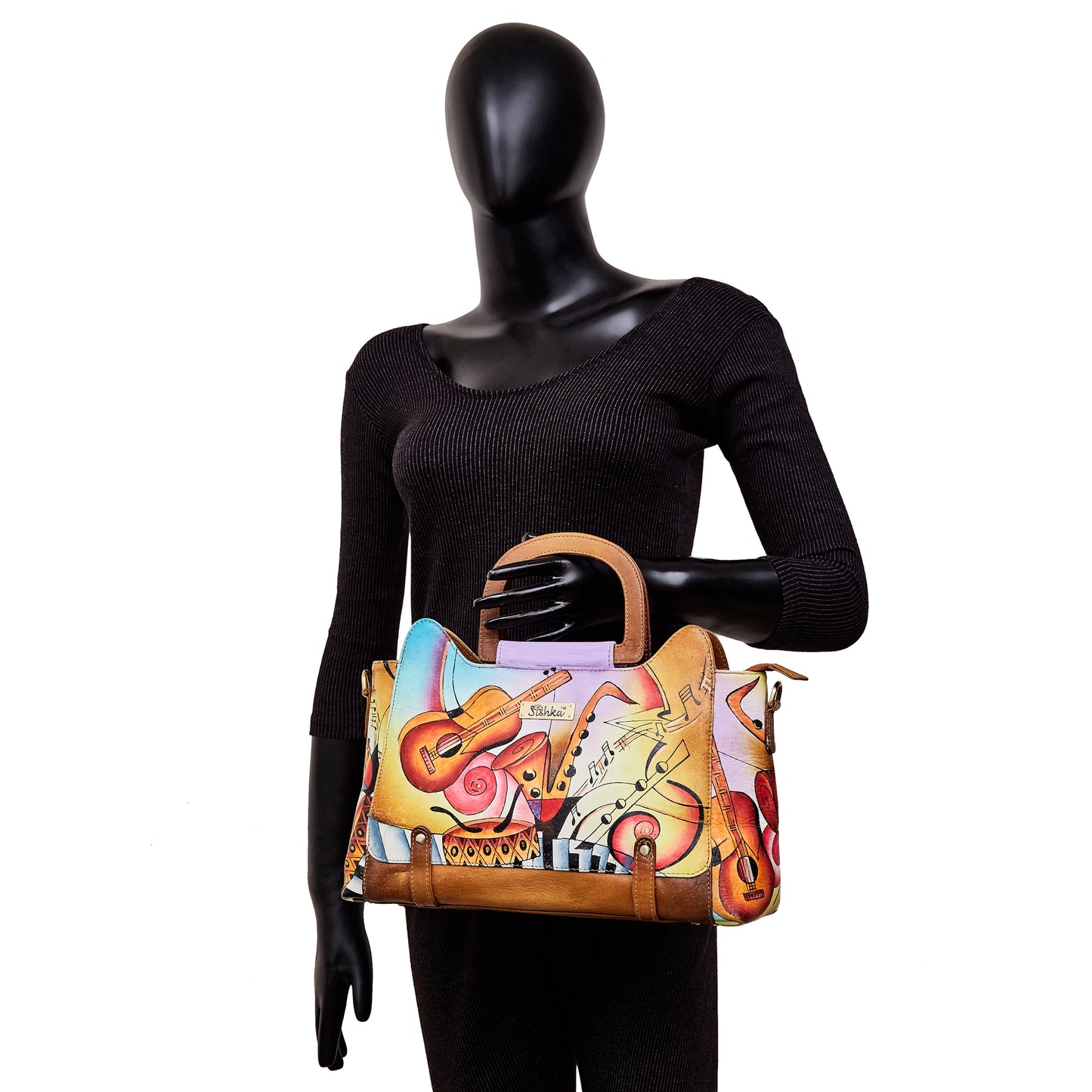 Sishka Hand-Painted Women's Leather Satchel – Brown Shoulder Purse with Music Art & Adjustable Strap for Everyday Use.