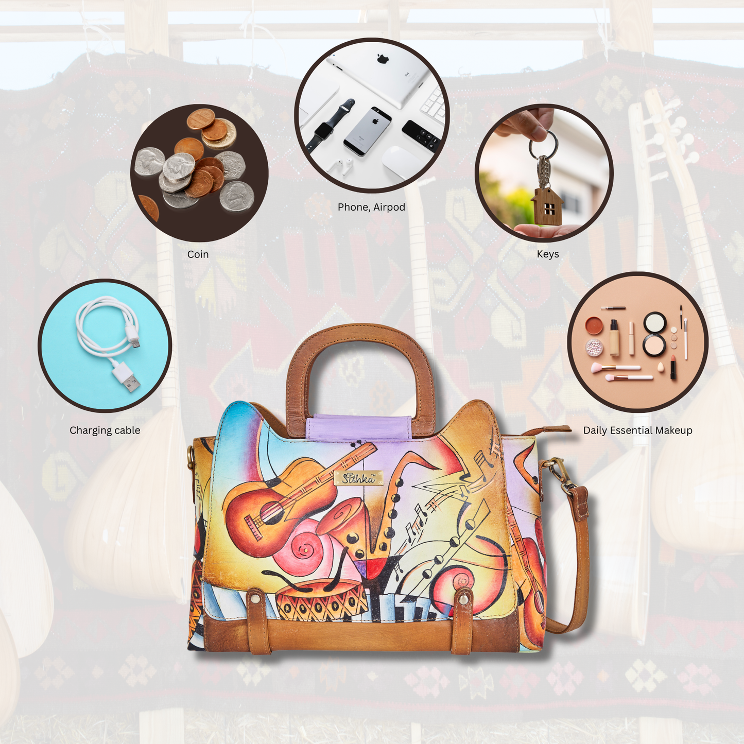 Sishka Hand-Painted Women's Leather Satchel – Brown Shoulder Purse with Music Art & Adjustable Strap for Everyday Use.