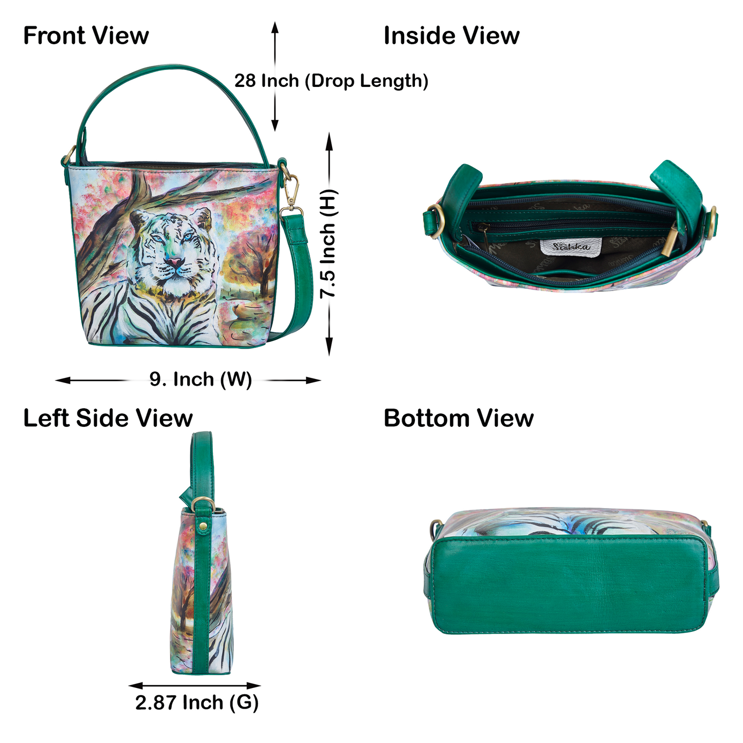 Sishka Hand-Painted Leather Satchel Bag – Majestic Tiger Art, Stylish Shoulder Purse with Detachable Strap.