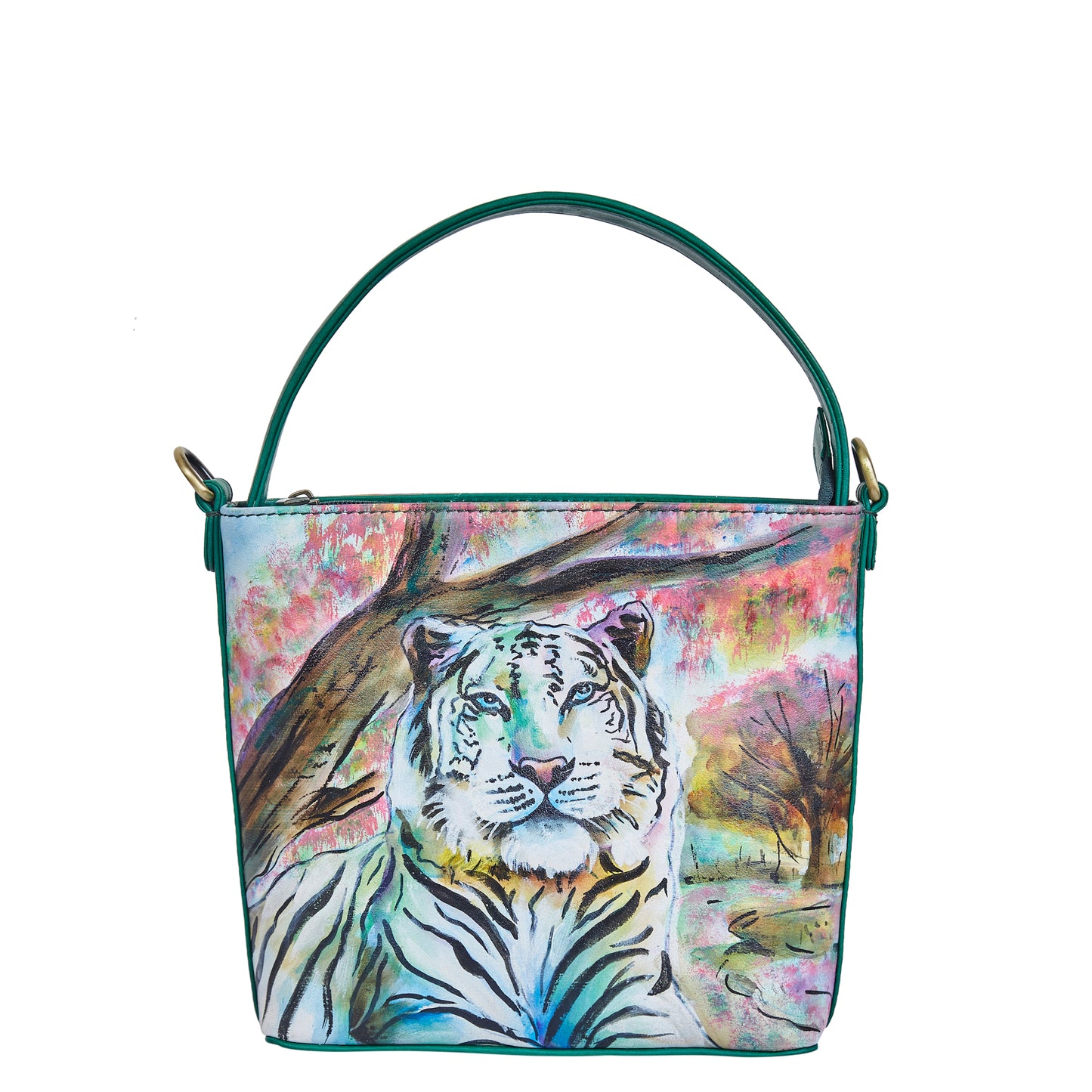 Sishka Hand-Painted Leather Satchel Bag – Majestic Tiger Art, Stylish Shoulder Purse with Detachable Strap.