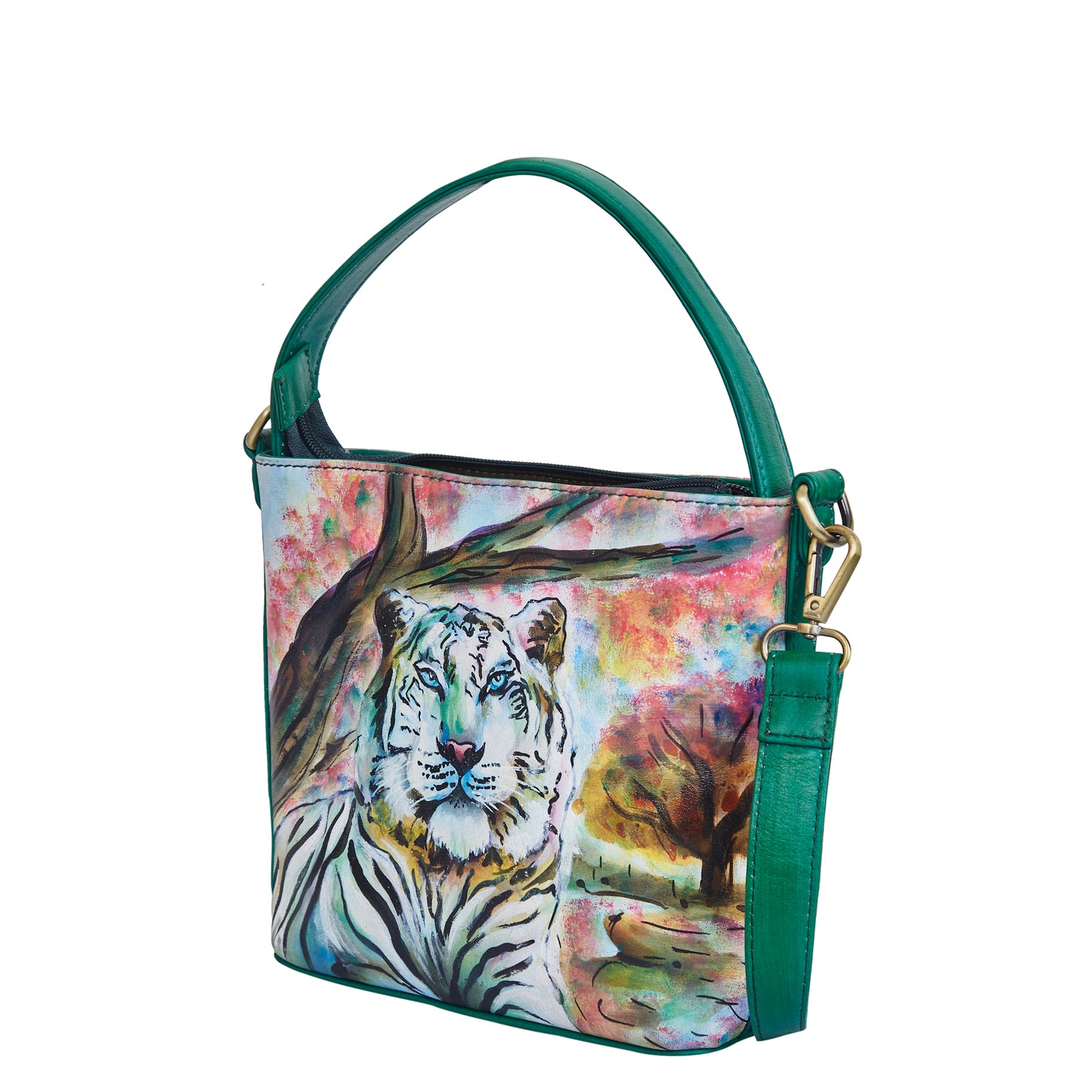 Sishka Hand-Painted Leather Satchel Bag – Majestic Tiger Art, Stylish Shoulder Purse with Detachable Strap.