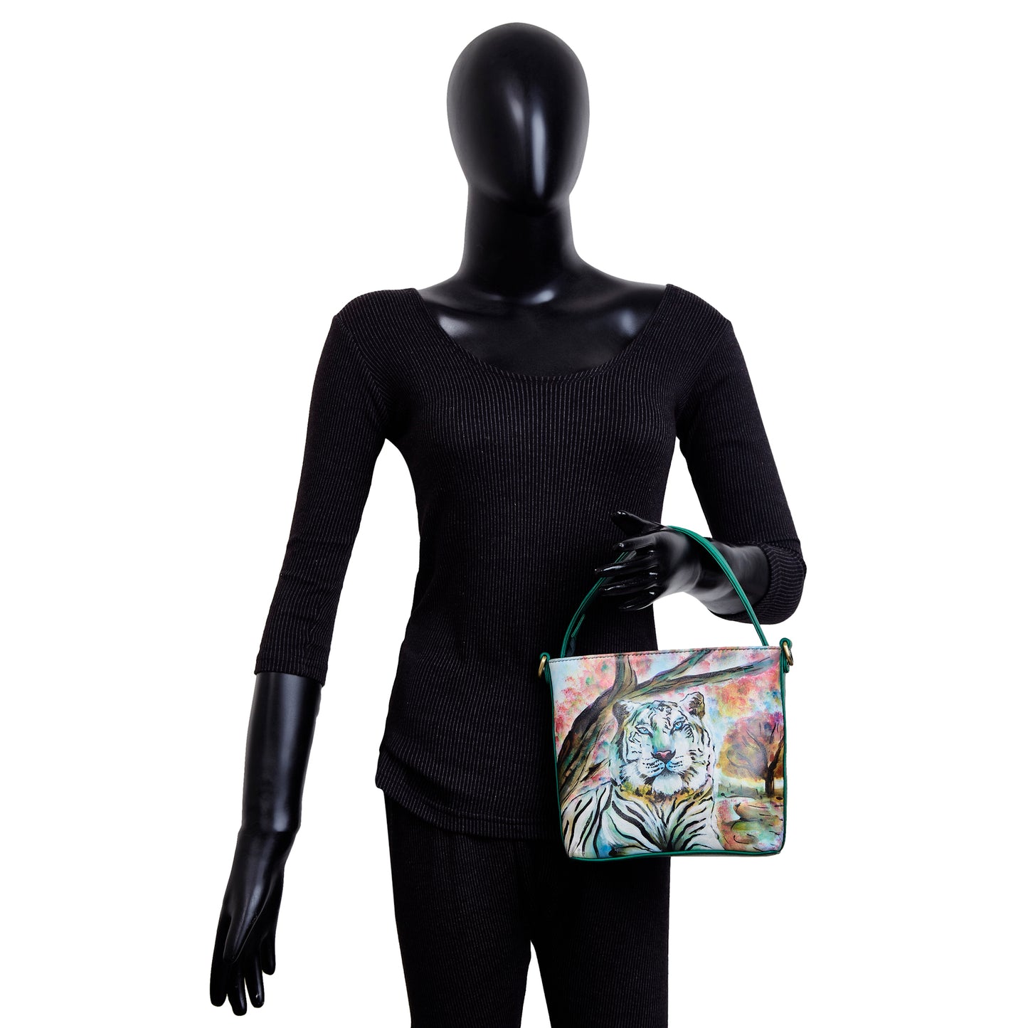 Sishka Hand-Painted Leather Satchel Bag – Majestic Tiger Art, Stylish Shoulder Purse with Detachable Strap.