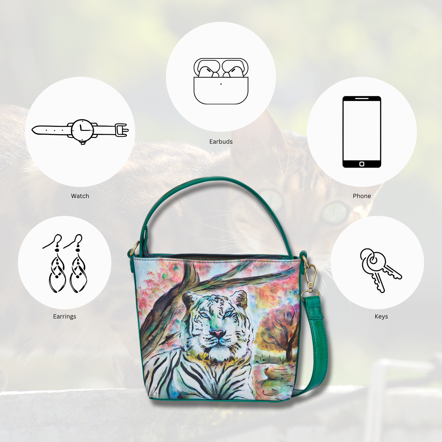 Sishka Hand-Painted Leather Satchel Bag – Majestic Tiger Art, Stylish Shoulder Purse with Detachable Strap.