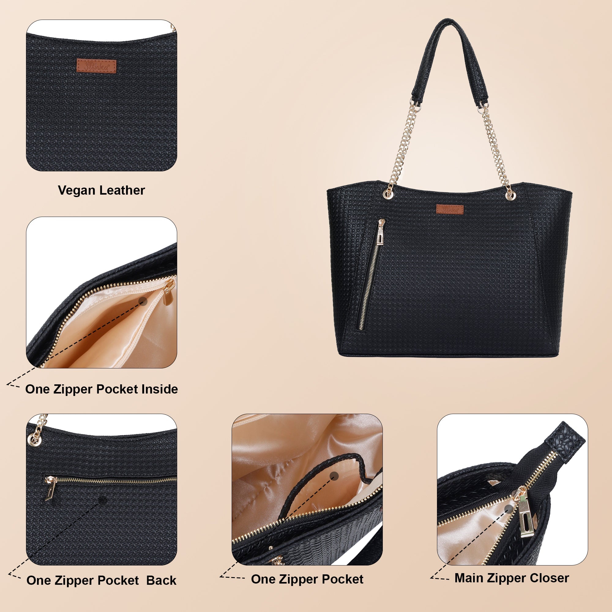 Sishka Black Satchel Bag for Women – Vegan Leather Tote, Shoulder Purse with Top Handles
