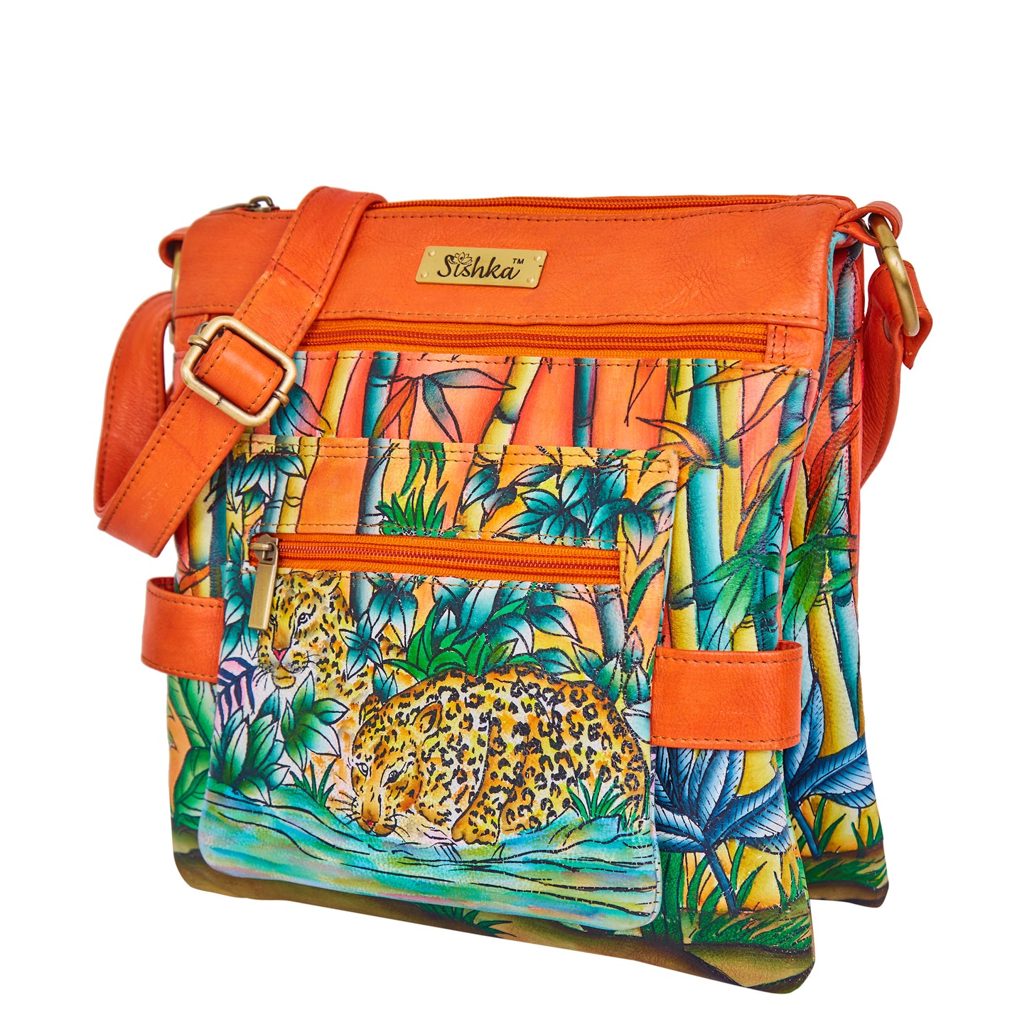 Bamboo & Cheetah Hand-Painted Leather Crossbody Bag - Orange