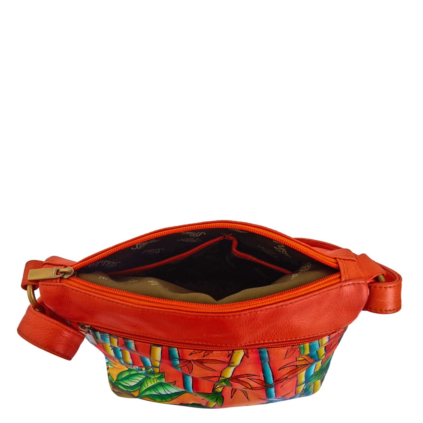 Bamboo & Cheetah Hand-Painted Leather Crossbody Bag - Orange