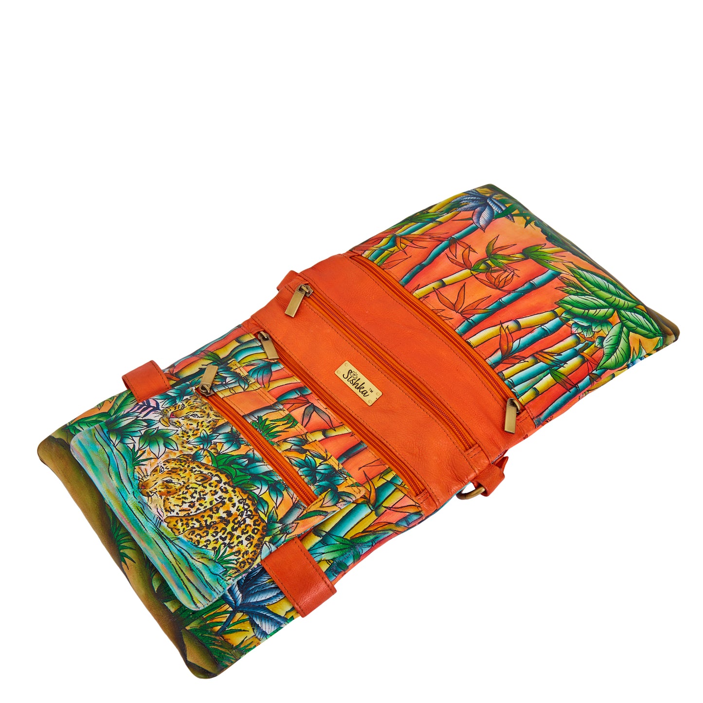 Bamboo & Cheetah Hand-Painted Leather Crossbody Bag - Orange