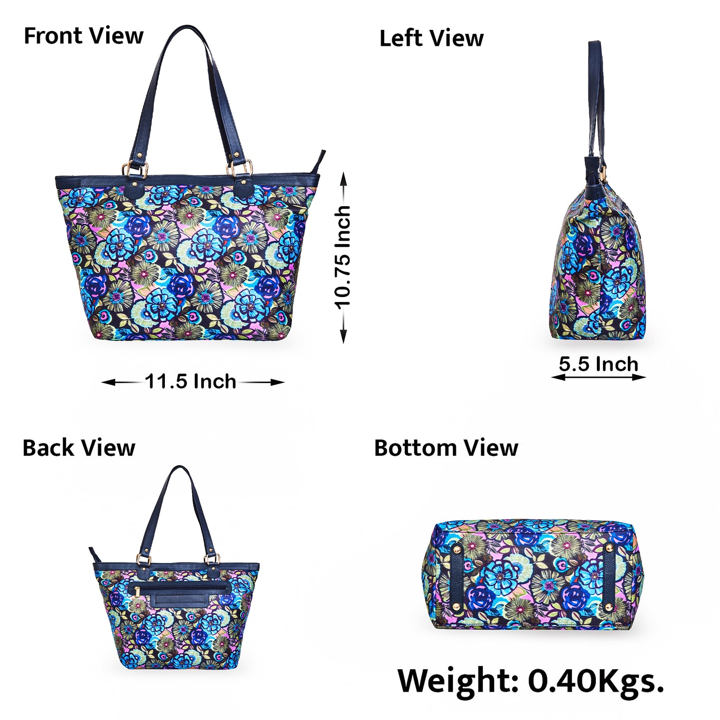 Botanical Print Tote Bag with Zipper Closure and Leather Accents