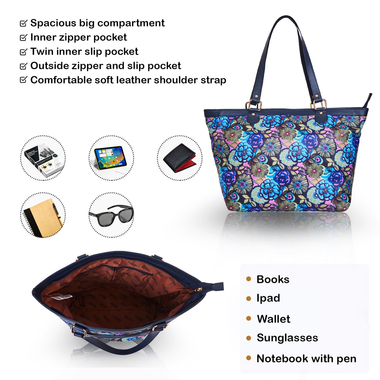 Botanical Print Tote Bag with Zipper Closure and Leather Accents