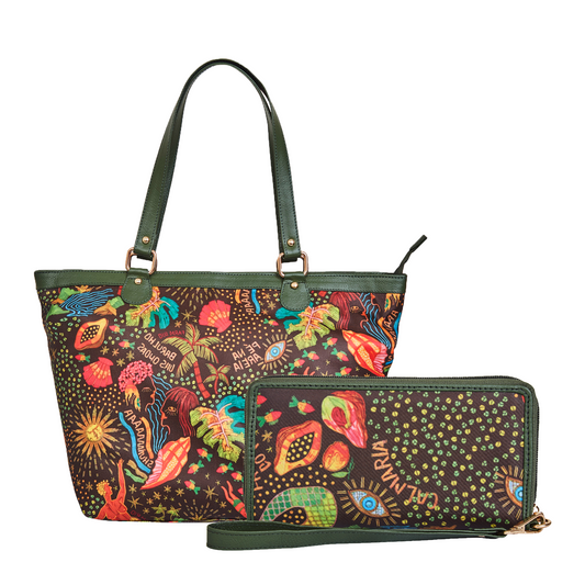 Coastal Pattern Leather Trimmed Tote Bag & Wristlet Wallet for Women