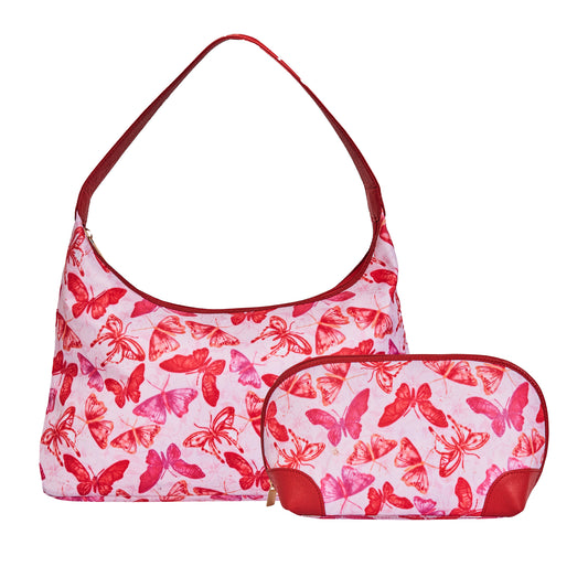 Women's Leather Accents Sling Hobo & Cosmetic Bag Combo with Butterfly Print