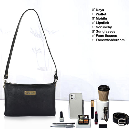 Sishka Black Genuine Leather Crossbody Organizer Bag for Women – Sleek Crossover Purse, Stylish Shoulder Handbag for Daily Use, Casual Trips, Outings & Parties (H 5.25" x W 8.37" x D 0.75").