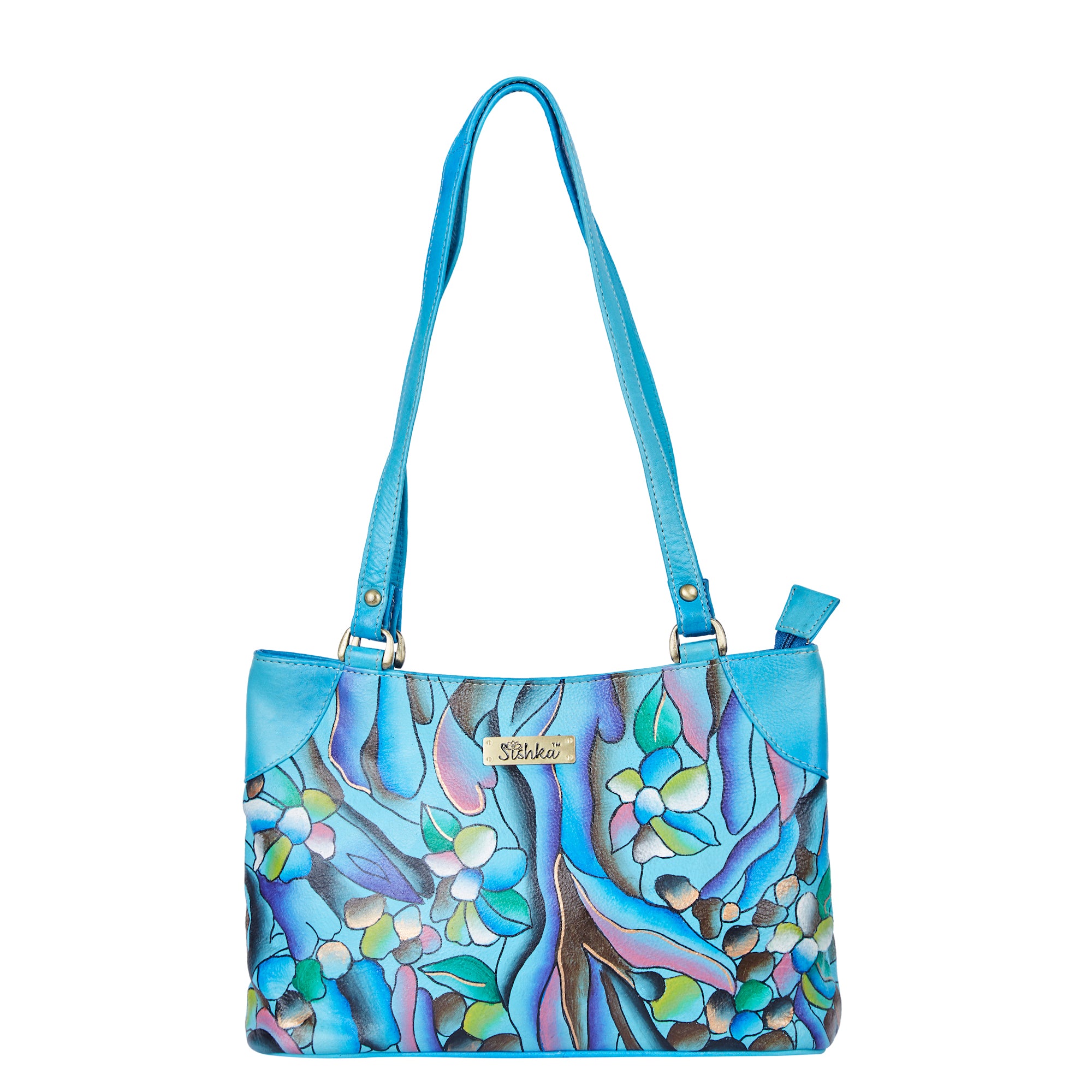 Original Handpainted Abstract Art Aqua Blue Leather Shoulder Bag Sishka