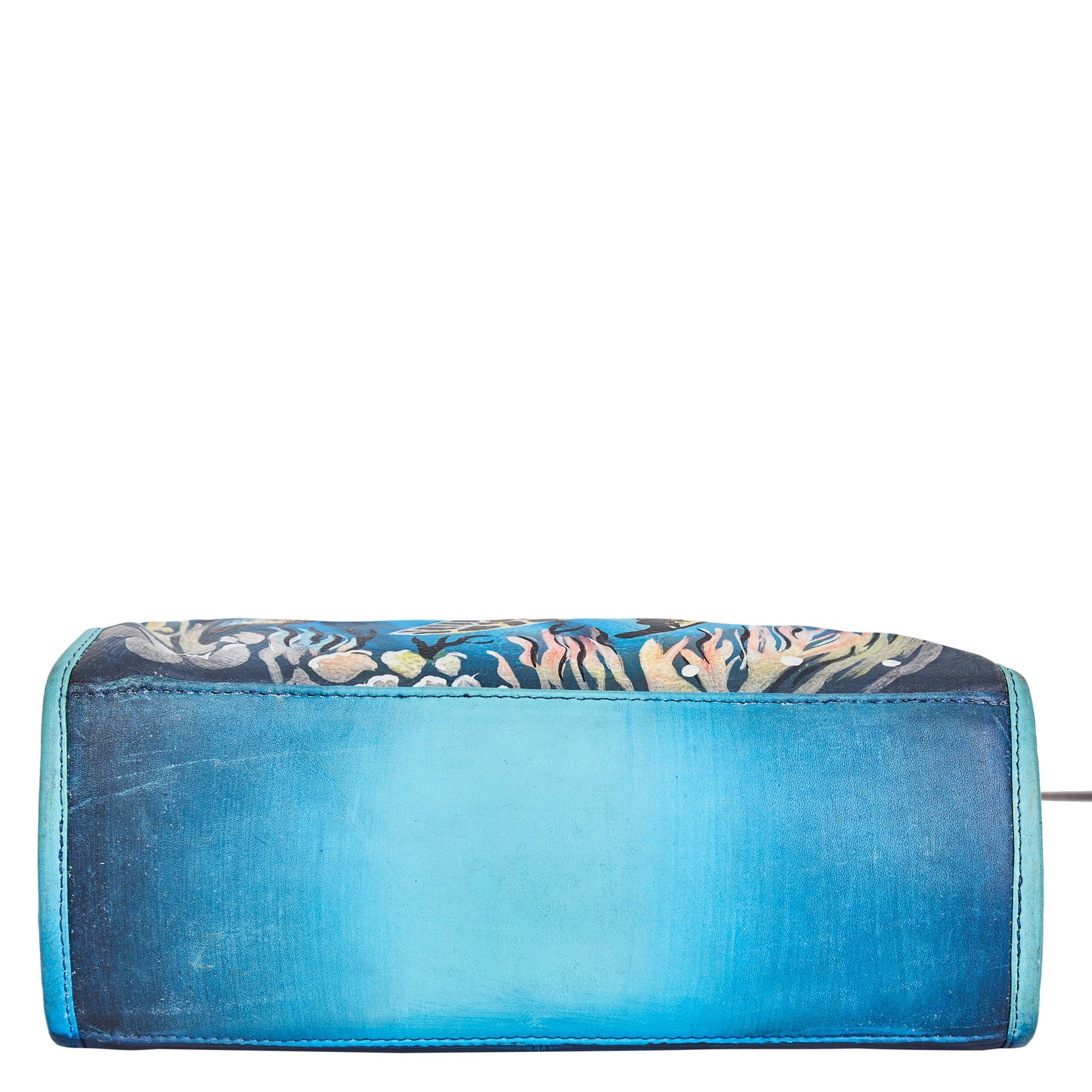Sishka Hand-Painted Ladies Leather Purse – Elegant Blue Satchel with Turtle Art & Detachable Shoulder Strap.